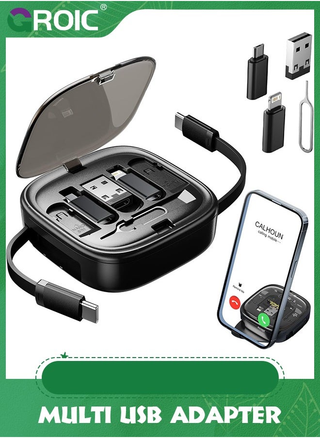 GROIC Black Multi USB Adapter Retractable Charging Cable Kit, USB C to Lighting Adapter, USB-A & Type-C to Type C/Micro/Lighting, Data Transfer, Card Storage Box with Phone Holder  - Image 1