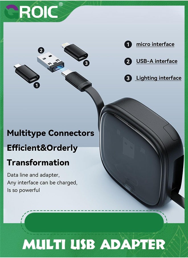 GROIC - Black Multi USB Adapter Retractable Charging Cable Kit, USB C to Lighting Adapter, USB-A & Type-C to Type C/Micro/Lighting, Data Transfer, Card Storage Box with Phone Holder - Image 1