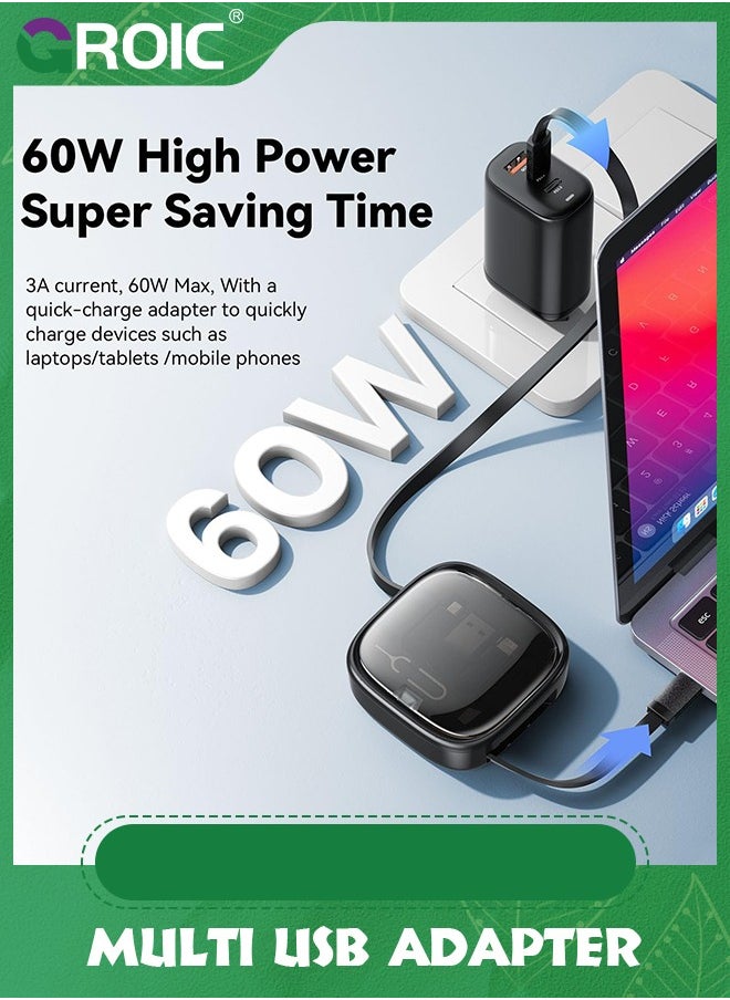 GROIC - Black Multi USB Adapter Retractable Charging Cable Kit, USB C to Lighting Adapter, USB-A & Type-C to Type C/Micro/Lighting, Data Transfer, Card Storage Box with Phone Holder - Image 1