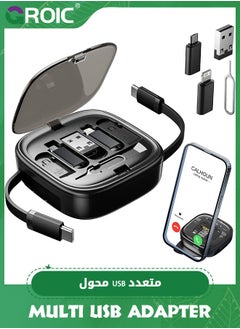Black Multi USB Adapter Retractable Charging Cable Kit, USB C to Lighting Adapter, USB-A & Type-C to Type C/Micro/Lighting, Data Transfer, Card Storage Box with Phone Holder