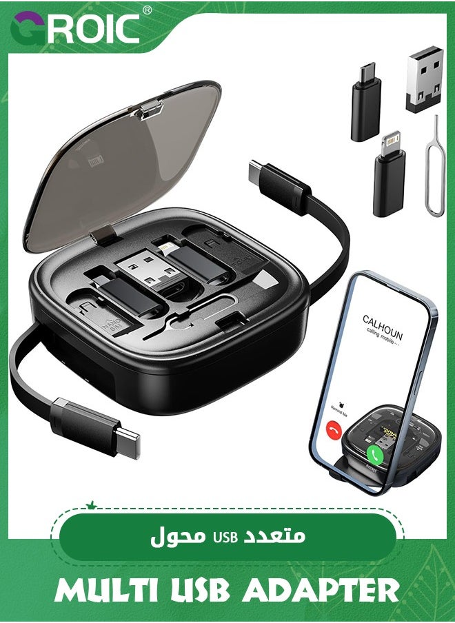 GROIC - Black Multi USB Adapter Retractable Charging Cable Kit, USB C to Lighting Adapter, USB-A & Type-C to Type C/Micro/Lighting, Data Transfer, Card Storage Box with Phone Holder - Image 1