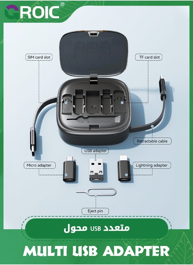 GROIC - Black Multi USB Adapter Retractable Charging Cable Kit, USB C to Lighting Adapter, USB-A & Type-C to Type C/Micro/Lighting, Data Transfer, Card Storage Box with Phone Holder - Image 1