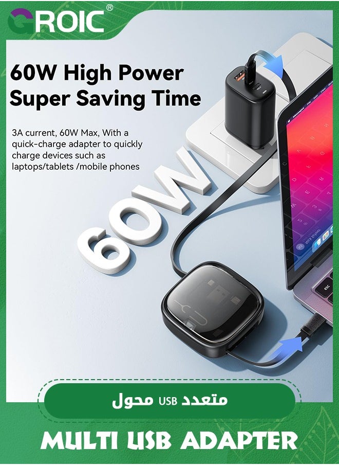 GROIC - Black Multi USB Adapter Retractable Charging Cable Kit, USB C to Lighting Adapter, USB-A & Type-C to Type C/Micro/Lighting, Data Transfer, Card Storage Box with Phone Holder - Image 1