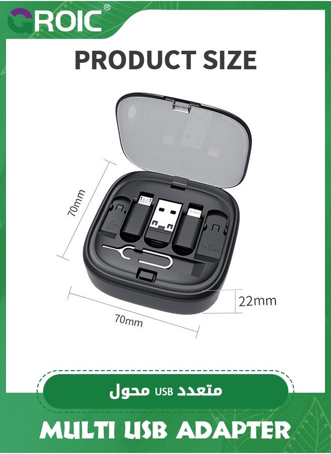 GROIC - Black Multi USB Adapter Retractable Charging Cable Kit, USB C to Lighting Adapter, USB-A & Type-C to Type C/Micro/Lighting, Data Transfer, Card Storage Box with Phone Holder - Image 1