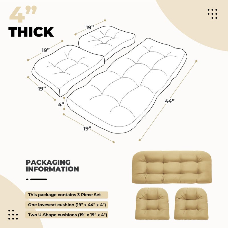 DANGHOOGY Wicker Chair Cushions, Waterproof Outdoor Loveseat Cushions for Patio Furniture, Tufted Wicker Furniture Cushions, 1 Loveseat and 2 U-Shaped Cushions, Khaki - Image 2