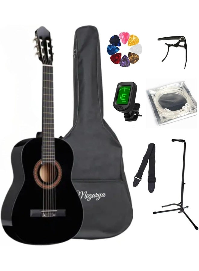 MegArya 34” Classical Guitar with Nylon Strings Acoustic Guitar for Beginner with Bag, Strap, Capo, Picks, Strings, Tuner, Single Guitar Holder (Black) - Image 1