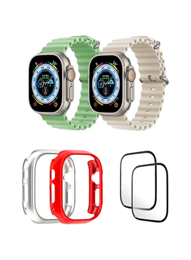 IAF Silicone Ocean Band Strap for Apple Watch Ultra 8 49mm Mint Green/Pearl White , Case Compatible with Apple Watch Ultra 49mm Transparent/Red , 2* pcs Watch glass Set of 6