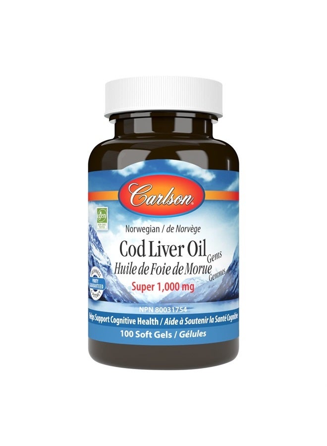 Carlson زيت كبد السمك، سوبر 1000 ملغ + فيتامينات أ و د3، نرويجي بري، مصدر مستدام، 100 كبسولة لينة - Image 1