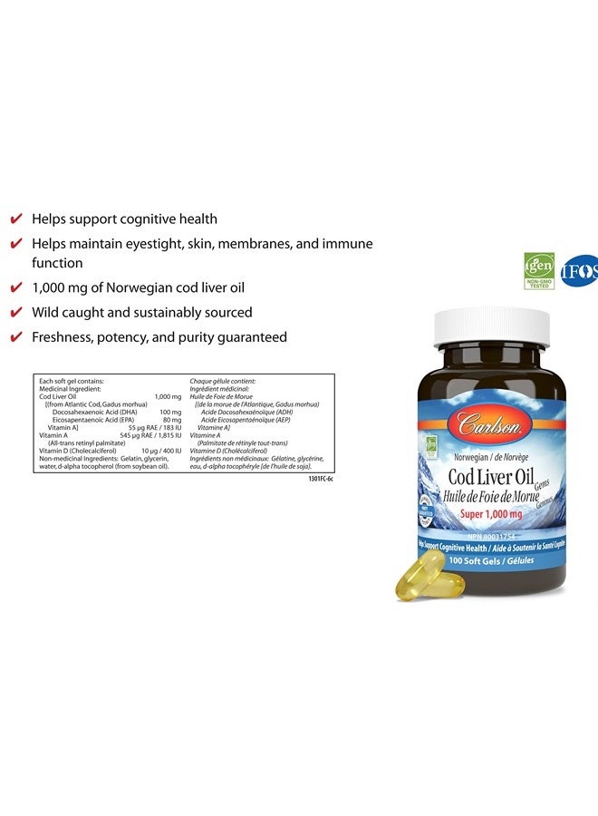 Carlson زيت كبد السمك، سوبر 1000 ملغ + فيتامينات أ و د3، نرويجي بري، مصدر مستدام، 100 كبسولة لينة - Image 3