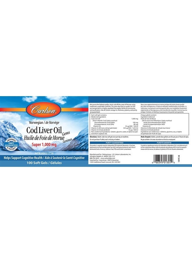 Carlson زيت كبد السمك، سوبر 1000 ملغ + فيتامينات أ و د3، نرويجي بري، مصدر مستدام، 100 كبسولة لينة - Image 2