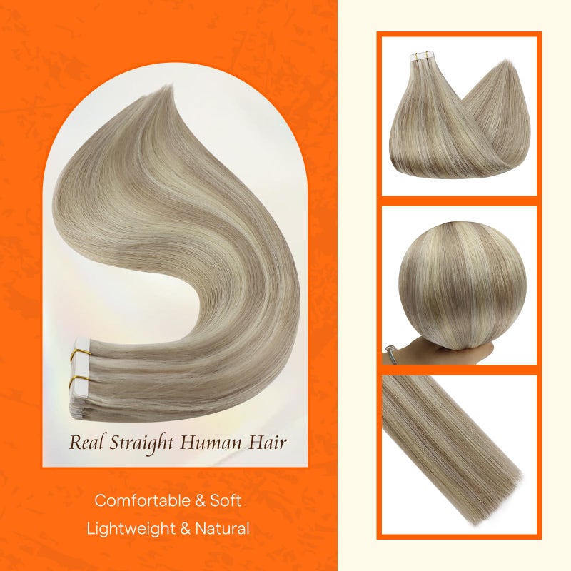 Fshine Full Shine Tape in Hair Extensions Human Hair 18 Ash Blonde Highlight 613 Blonde Double Sided Tape Extensions 12 Inch Invisible Straight Hair Extensions Tape Ins 30G 20Pcs Extensions for Women - Image 2