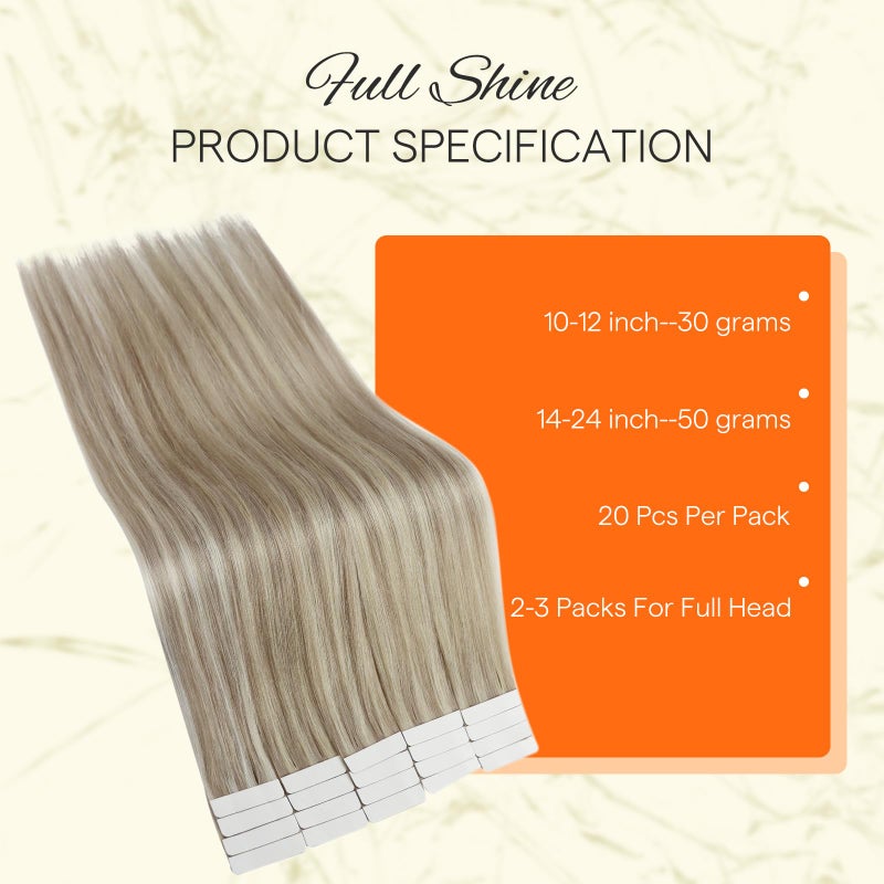 Fshine Full Shine Tape in Hair Extensions Human Hair 18 Ash Blonde Highlight 613 Blonde Double Sided Tape Extensions 12 Inch Invisible Straight Hair Extensions Tape Ins 30G 20Pcs Extensions for Women - Image 3