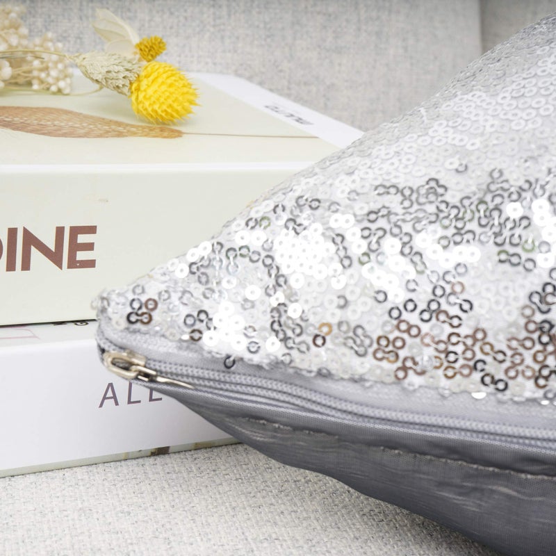 YOUR SMILE Pack of 2, New Luxury Series Silver Decorative Glitzy Sequin & Comfy Satin Solid Throw Pillow Cover Cushion Case for Wedding/Christmas,18" x 18" - Image 5
