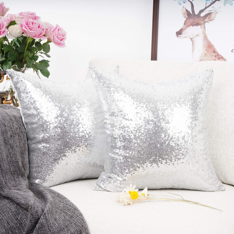 YOUR SMILE Pack of 2, New Luxury Series Silver Decorative Glitzy Sequin & Comfy Satin Solid Throw Pillow Cover Cushion Case for Wedding/Christmas,18" x 18" - Image 2