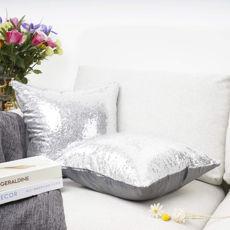 YOUR SMILE Pack of 2, New Luxury Series Silver Decorative Glitzy Sequin & Comfy Satin Solid Throw Pillow Cover Cushion Case for Wedding/Christmas,18" x 18" - Image 3