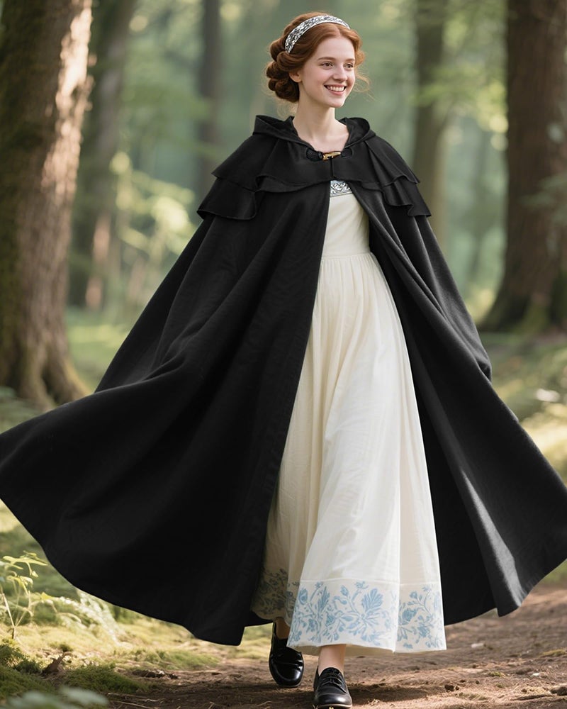 L'VOW Medieval Black Hooded Cloak Renaissance Black Cape with Ruffled Shawl Collar for Women Men Halloween Cosplay - Image 4