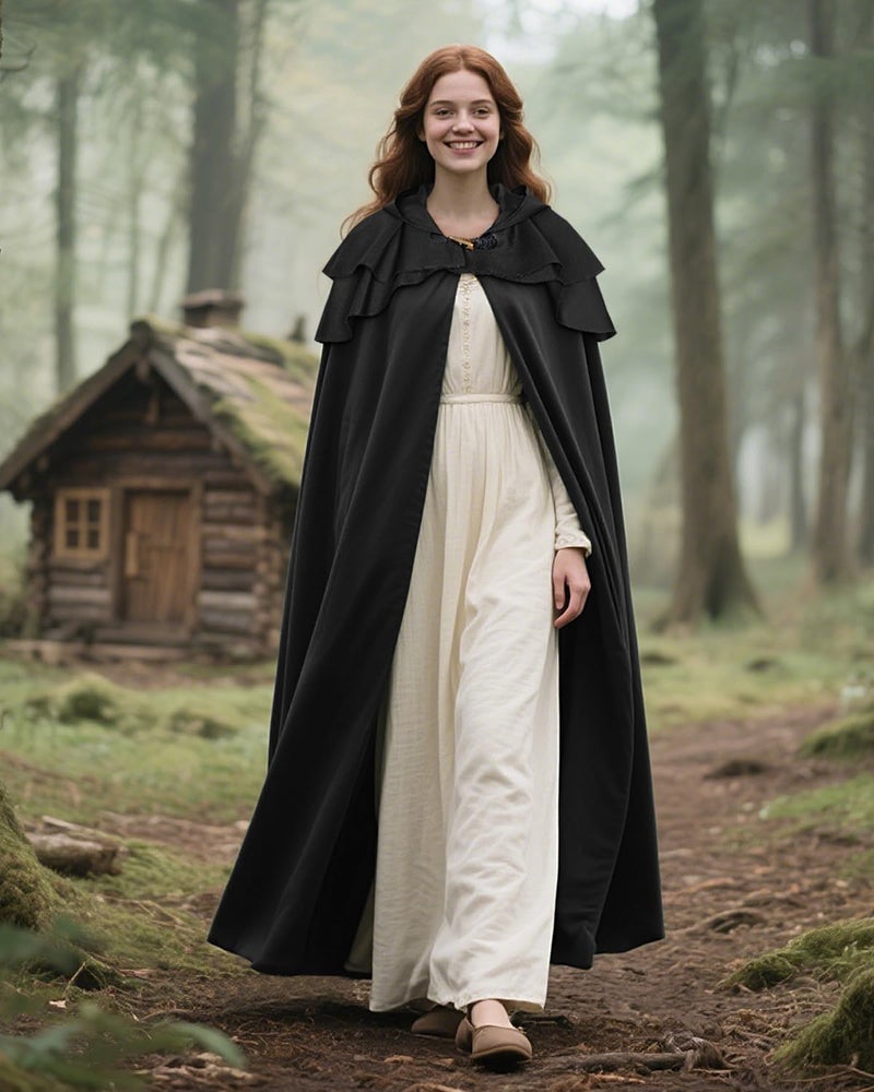 L'VOW Medieval Black Hooded Cloak Renaissance Black Cape with Ruffled Shawl Collar for Women Men Halloween Cosplay - Image 2