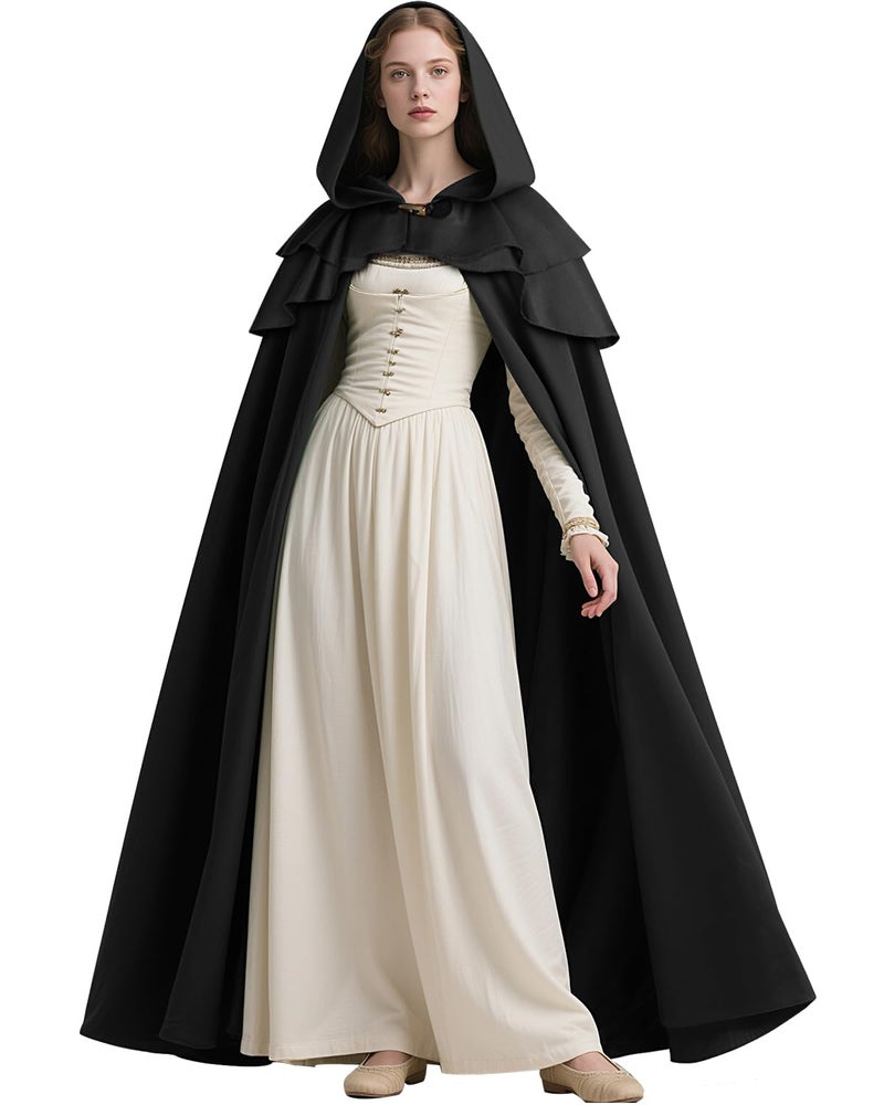 L'VOW Medieval Black Hooded Cloak Renaissance Black Cape with Ruffled Shawl Collar for Women Men Halloween Cosplay - Image 1