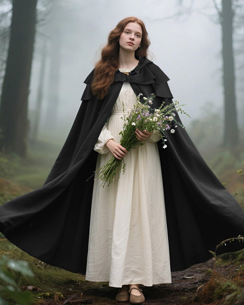 L'VOW Medieval Black Hooded Cloak Renaissance Black Cape with Ruffled Shawl Collar for Women Men Halloween Cosplay - Image 3