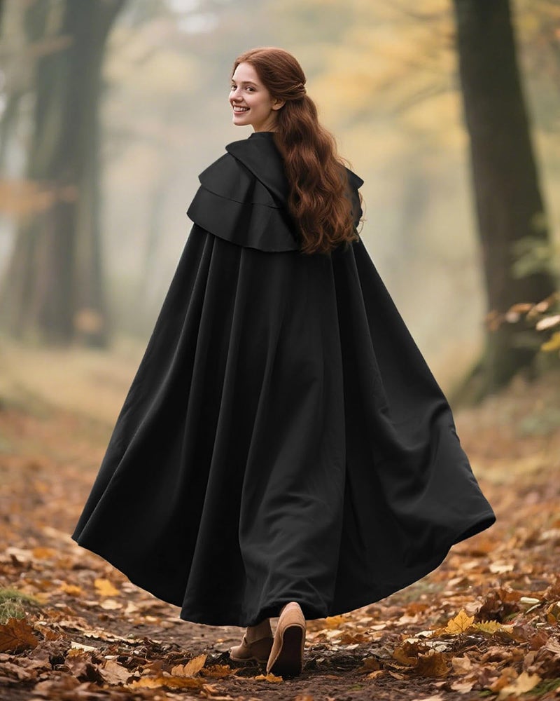 L'VOW Medieval Black Hooded Cloak Renaissance Black Cape with Ruffled Shawl Collar for Women Men Halloween Cosplay - Image 5