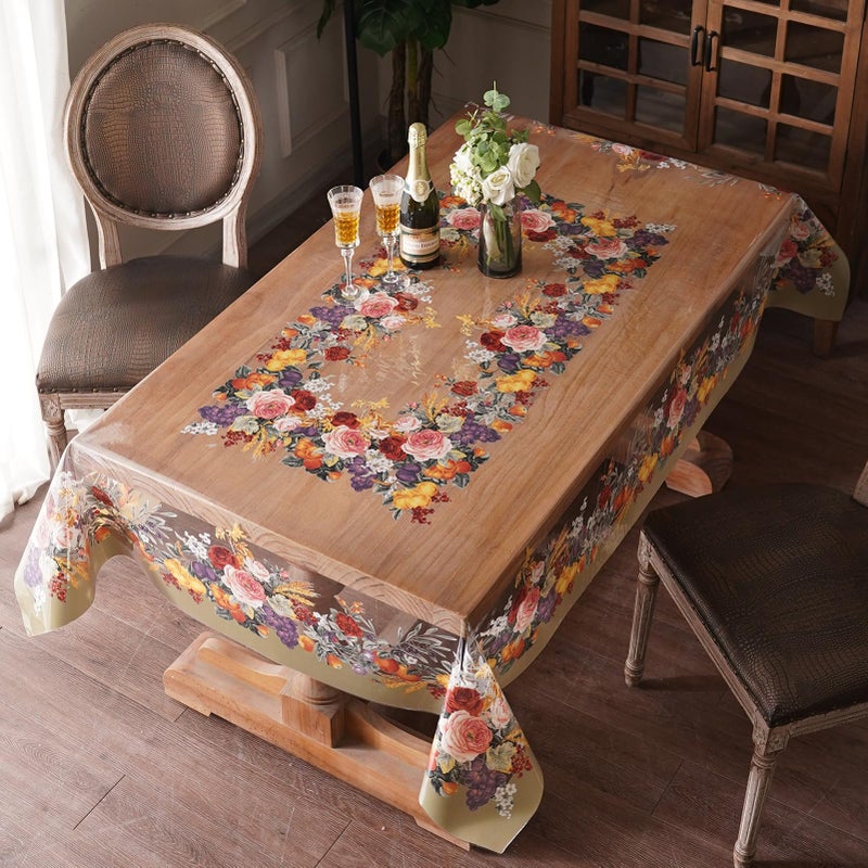 Artbloss Clear Table Cover Protector Vinyl PVC Rectangle Table Cloth with Floral Fruit Pattern Oil Spill Proof Plastic Tablecloths for Dining Tables Parties Holidays (Floral Fruit, 52 x 70 Inches) - Image 2