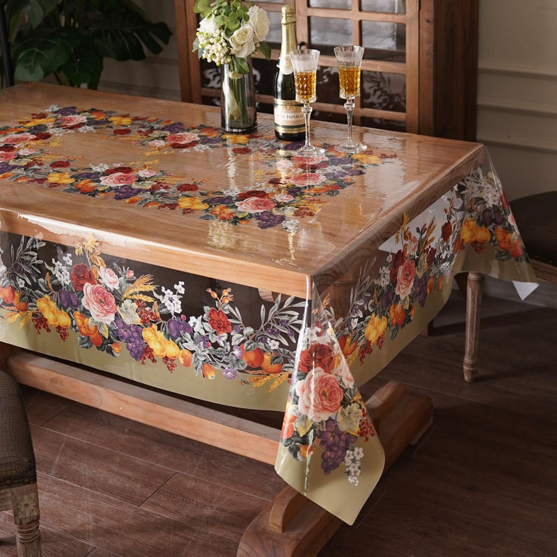 Artbloss Clear Table Cover Protector Vinyl PVC Rectangle Table Cloth with Floral Fruit Pattern Oil Spill Proof Plastic Tablecloths for Dining Tables Parties Holidays (Floral Fruit, 52 x 70 Inches) - Image 1