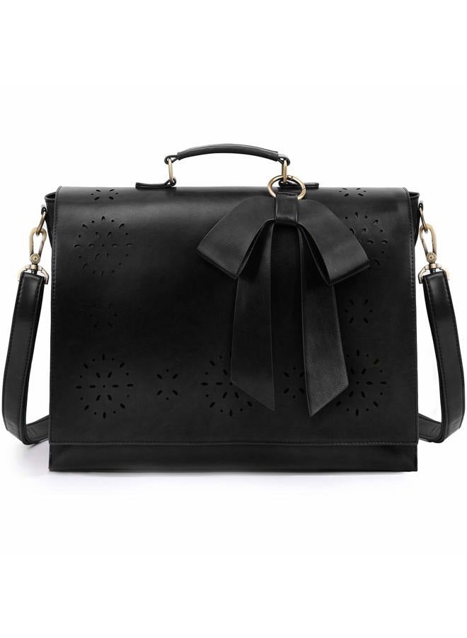 ECOSUSI Women's Briefcase Vegan Leather Laptop Bag for Work Shoulder Computer Satchel Bag with Detachable Bow, L-black, 15.6 inch, Detachable,durable,elegant,vintage - Image 1