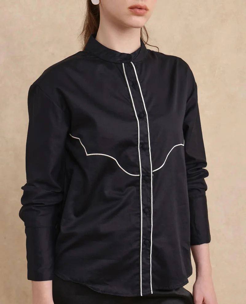 Rareism Women's Contrast Embroidered Mandarin Collar Shirt