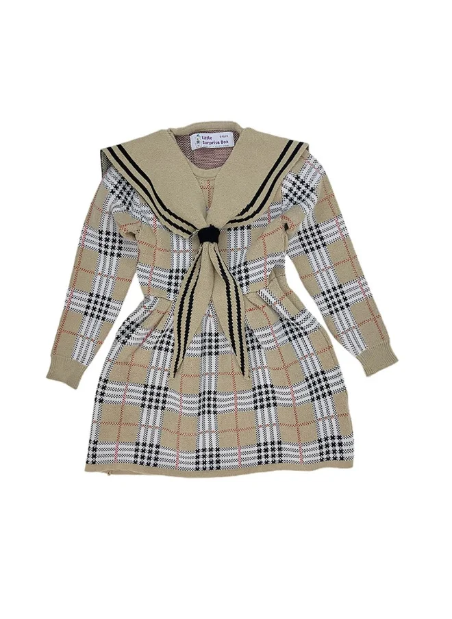 صندوق المفاجآت الصغيرة Box Beige sailor Checkered Collar Knitted Frock Winterwear for girls -3-4Y