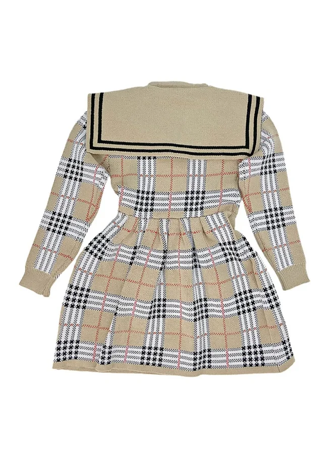 LITTLE SURPRISE BOX Box Beige sailor Checkered Collar Knitted Frock Winterwear for girls -3-4Y