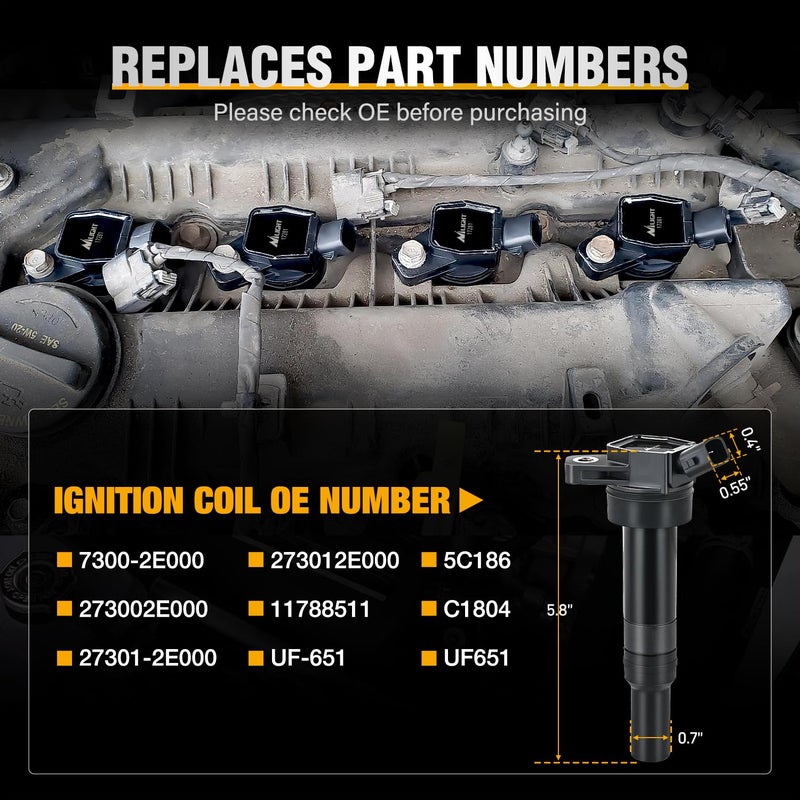 Nilight Ignition Coil Packs Set of 4 Fit UF651 for Hyundai KIA 2011 2012 2013 2014 2015 2016 17 18 19 2020 Tucson Elantra Soul FORTE 1.8 2.0L OE# 5C1861 C1804 1788511 273002E000 (2-pin) Ignition Coils - Image 4