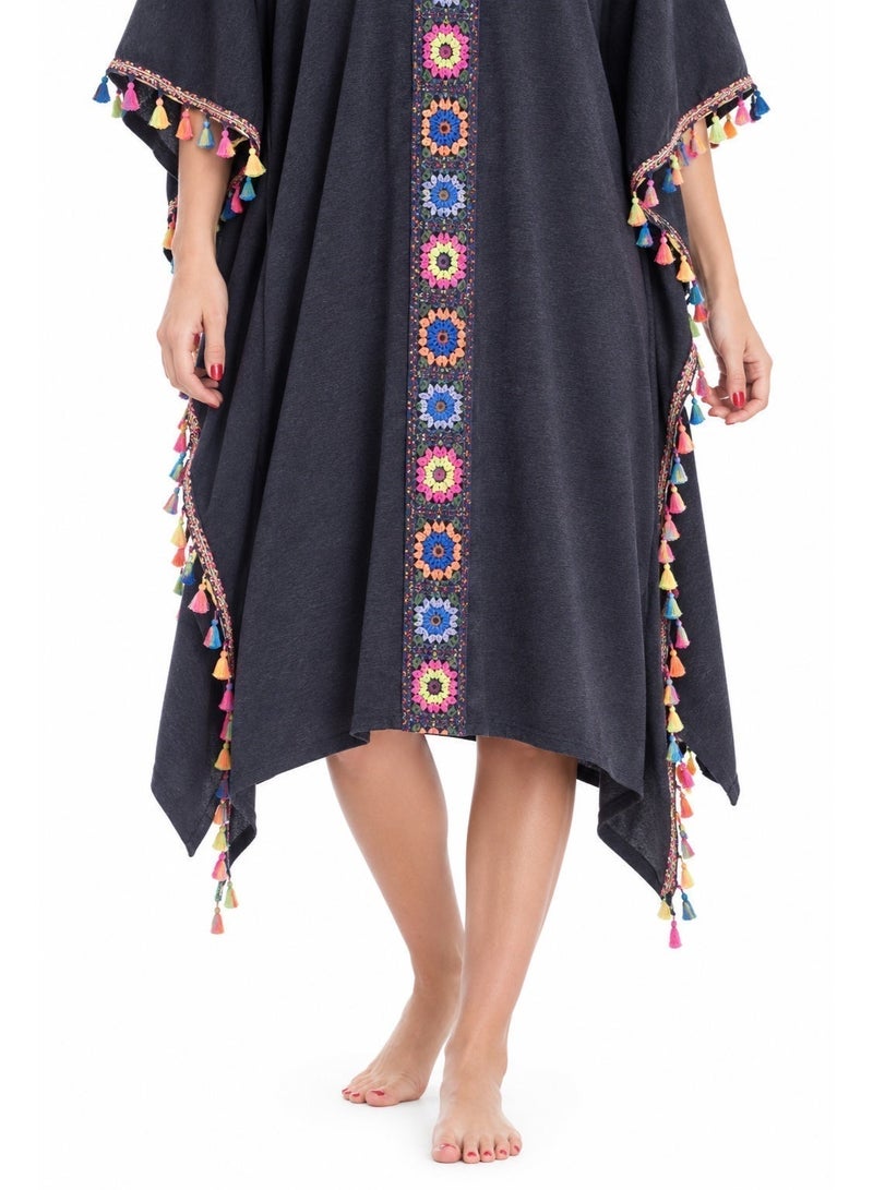 ZECOTEX Premium Cotton Summer Jalabiya - Embroidered V-Neck Loungewear - Bohemian Style Kaftan with Tassels - Black - Image 4