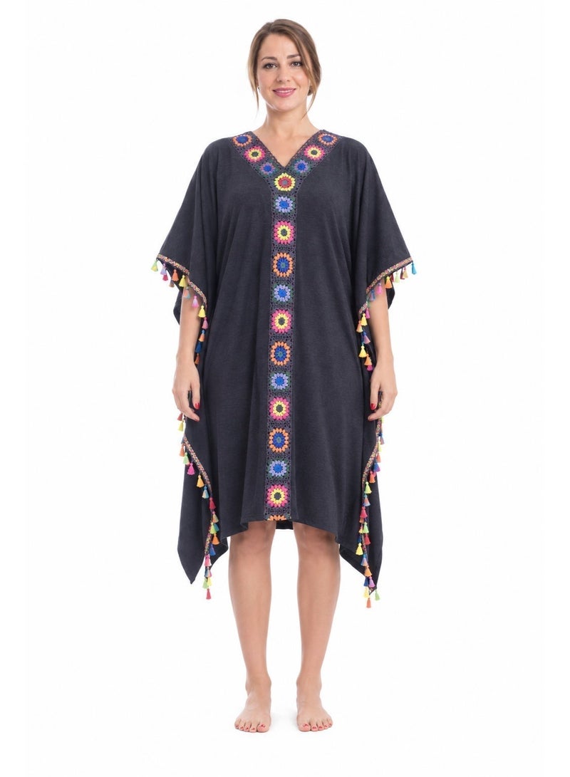 ZECOTEX Premium Cotton Summer Jalabiya - Embroidered V-Neck Loungewear - Bohemian Style Kaftan with Tassels - Black - Image 1