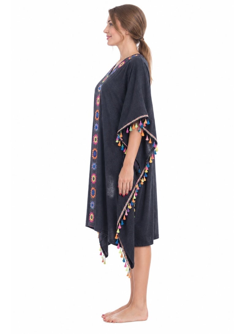 ZECOTEX Premium Cotton Summer Jalabiya - Embroidered V-Neck Loungewear - Bohemian Style Kaftan with Tassels - Black - Image 3