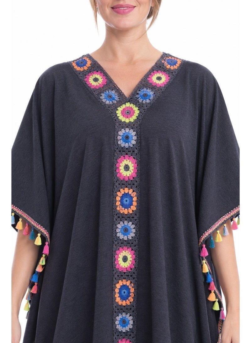 ZECOTEX Premium Cotton Summer Jalabiya - Embroidered V-Neck Loungewear - Bohemian Style Kaftan with Tassels - Black - Image 2
