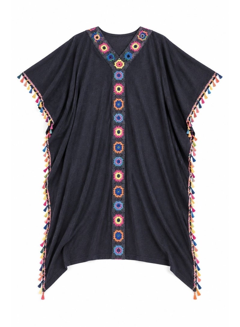 ZECOTEX Premium Cotton Summer Jalabiya - Embroidered V-Neck Loungewear - Bohemian Style Kaftan with Tassels - Black - Image 5