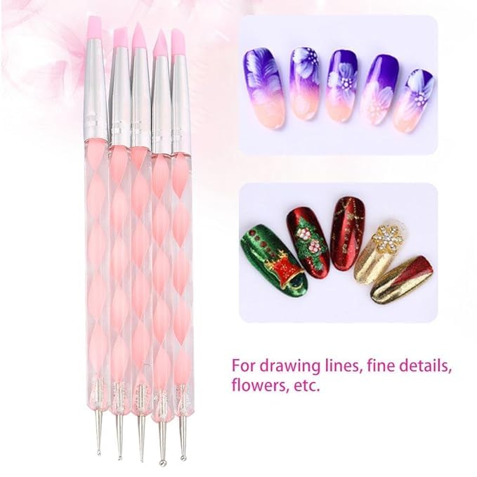 URBAN BOX Urbanbox Nail Art Pen 5PC Dual End Carving Sculpture Penset Silicone Head Dot Pen Nail Art Tool Nail Polymer Clay Design High Quality Pink - Image 4