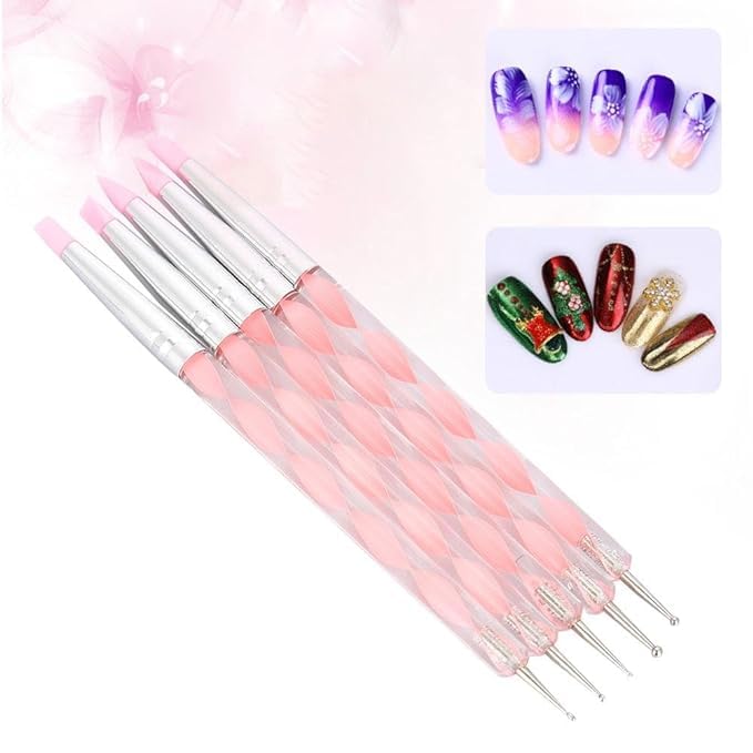 URBAN BOX Urbanbox Nail Art Pen 5PC Dual End Carving Sculpture Penset Silicone Head Dot Pen Nail Art Tool Nail Polymer Clay Design High Quality Pink - Image 3