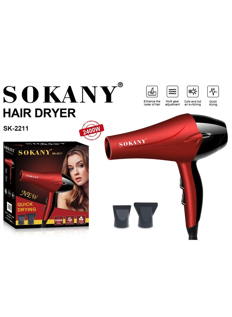 Sokany Professional Hair Dryer for Fast Drying - 2400 Watts with 2 speeds and 2 heat settings, allowing you to customize airflow and temperature to suit your hair type. Includes a focus nozzle for precise styling, helping you achieve smooth, sleek results. - SK-2211 Color - Red - Image 2