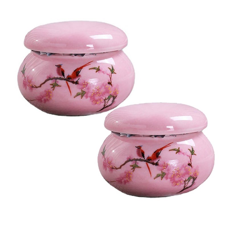 2Pcs Empty Mini Cute Ceramic Bottle Canisters Flower Pattern Portable Travel Loose Tea Pot Jar Contanier with Lid for Storage Spices Powder Cream Lotion Loose Tea Pink