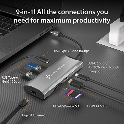 j5create Laptop Docking Station, 9-in-1, 4K60Hz HDMI, USB-C 10Gbps, 2 USB-A 10Gbps, 100W PD with USB-C 5Gbps, Ethernet, SD 4.0 Card Reader, for MacBook, XPS, Surface Pro (JCD393) - Image 2