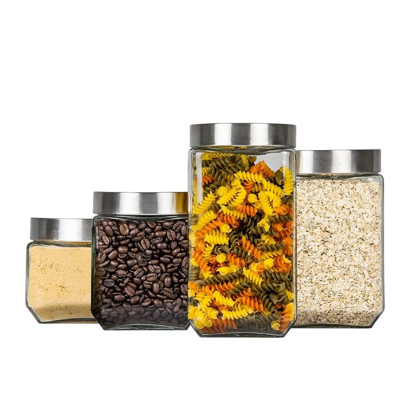 Home Basics Home Basics 4 Piece Square Glass Canisters with Stainless Steel Airtight Screw On Lid 