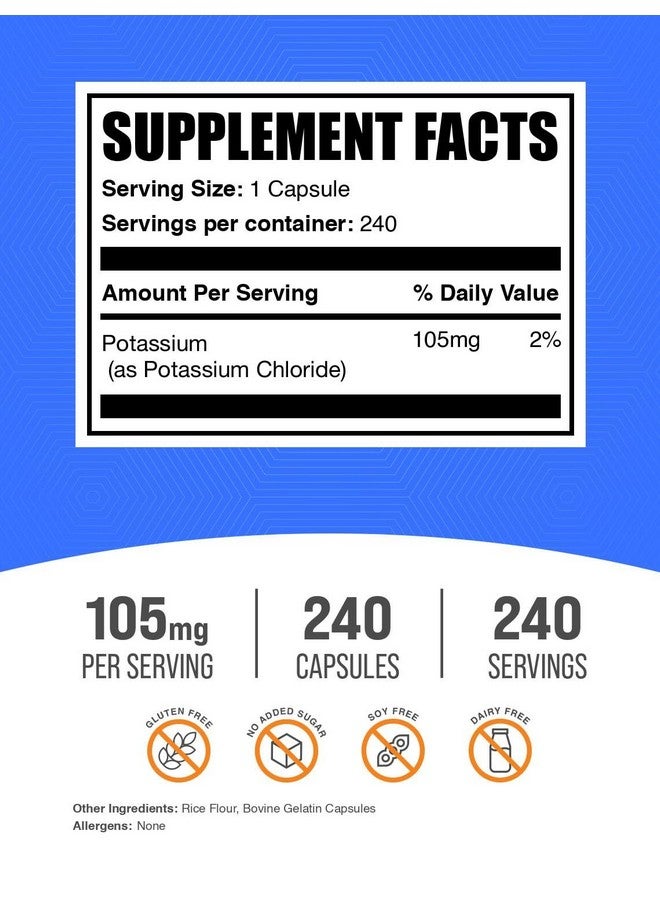 BulkSupplements كبسولات كلوريد البوتاسيوم من BulkSupplements.com - مكمل معدني - خالي من الغلوتين، 105 ملغ من البوتاسيوم، 1 كبسولة لكل حصة، 240 كبسولة (عبوة من 1) - Image 2
