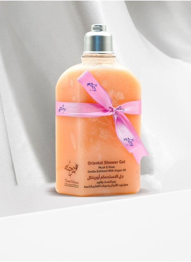 TamrHenna Oriental Shower Gel Musk and Rose Gentle Exfoliant With Argan Oil, Saffron, SLS Free, Sulfate Free Silicone Free Paraben free Gentle on Skin Cleansing Exfoliating Delicate Beads 250 ml  - Image 5