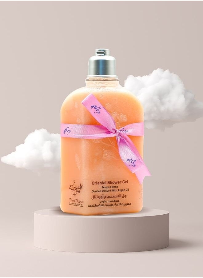 TamrHenna Oriental Shower Gel Musk and Rose Gentle Exfoliant With Argan Oil, Saffron, SLS Free, Sulfate Free Silicone Free Paraben free Gentle on Skin Cleansing Exfoliating Delicate Beads 250 ml  - Image 4