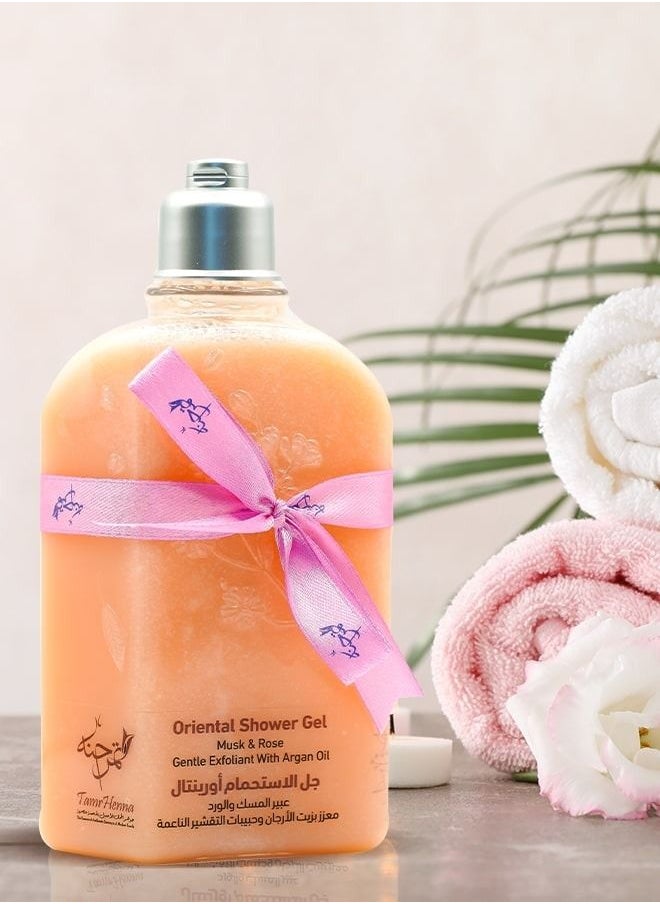 TamrHenna Oriental Shower Gel Musk and Rose Gentle Exfoliant With Argan Oil, Saffron, SLS Free, Sulfate Free Silicone Free Paraben free Gentle on Skin Cleansing Exfoliating Delicate Beads 250 ml  - Image 2