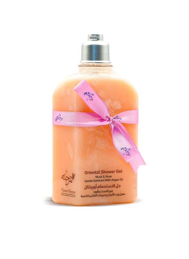 TamrHenna Oriental Shower Gel Musk and Rose Gentle Exfoliant With Argan Oil, Saffron, SLS Free, Sulfate Free Silicone Free Paraben free Gentle on Skin Cleansing Exfoliating Delicate Beads 250 ml  - Image 1