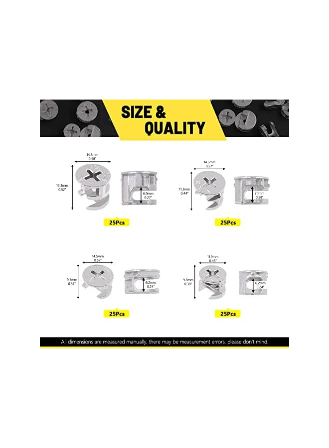 promass 100 Pcs 4 Size Furniture Connecting Cam Lock Assortment Kit, Heavy Duty Locking Cam Fitting Lock Nut Connectors for Cabinet Drawer (11.8 * 10/14.6 * 11.5/14.7 * 13.5/14.5 * 9.5mm) - Image 2