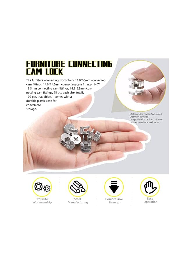 promass 100 Pcs 4 Size Furniture Connecting Cam Lock Assortment Kit, Heavy Duty Locking Cam Fitting Lock Nut Connectors for Cabinet Drawer (11.8 * 10/14.6 * 11.5/14.7 * 13.5/14.5 * 9.5mm) - Image 5
