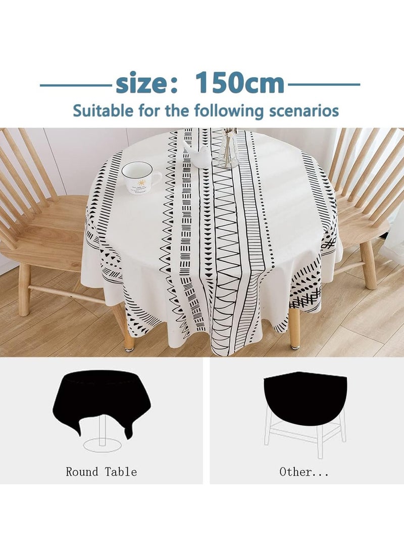 General - Round Tablecloth Cotton Geometric Pattern Decoration 150cm, Large Tablecloth Round Wipeable Washable Dustproof, Linen Tablecloth Round For Dining Table, Living Room, Picnic - Image 1
